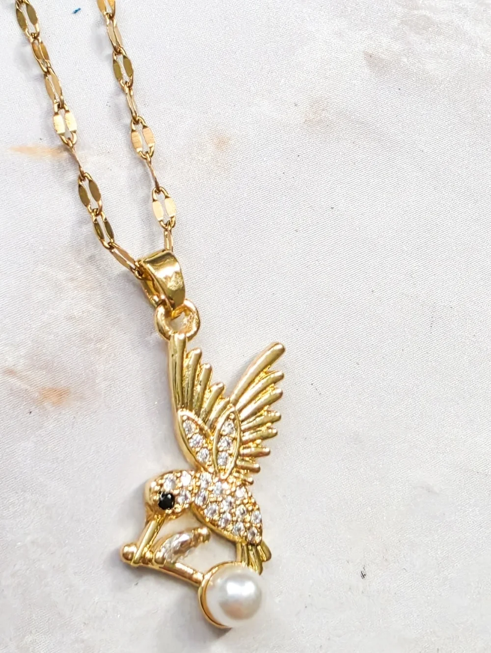 Gold Hummingbird Pearl Necklace Dainty Crystal Bird Pendant Sparkly Jewelry